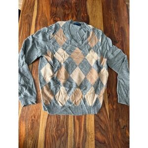 Brooks Brothers Mens XL 100% Camel Hair Argyle V-Neck Sweater Grey Tan Preppy
